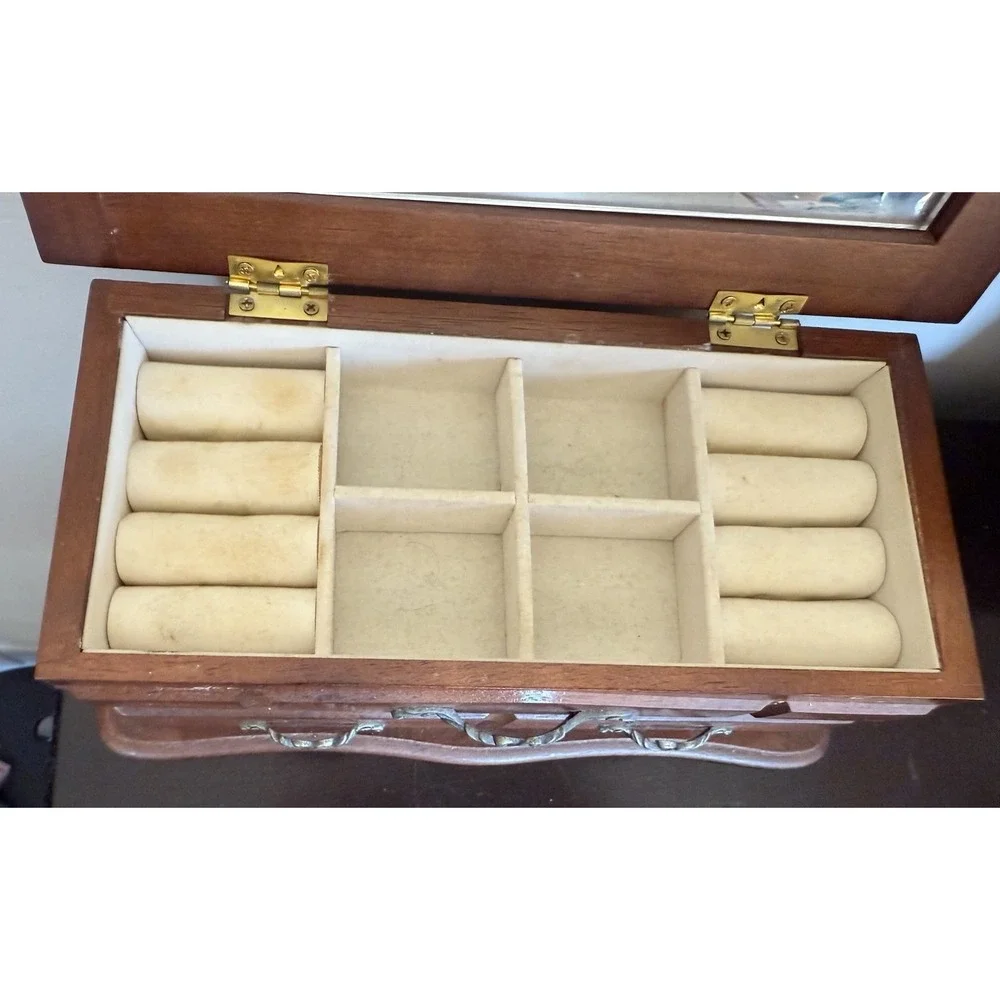 Vintage Wooden Velvet Lined Jewelry‎ Box Drawers Mirror Inside Lid 4 x 5 x  10